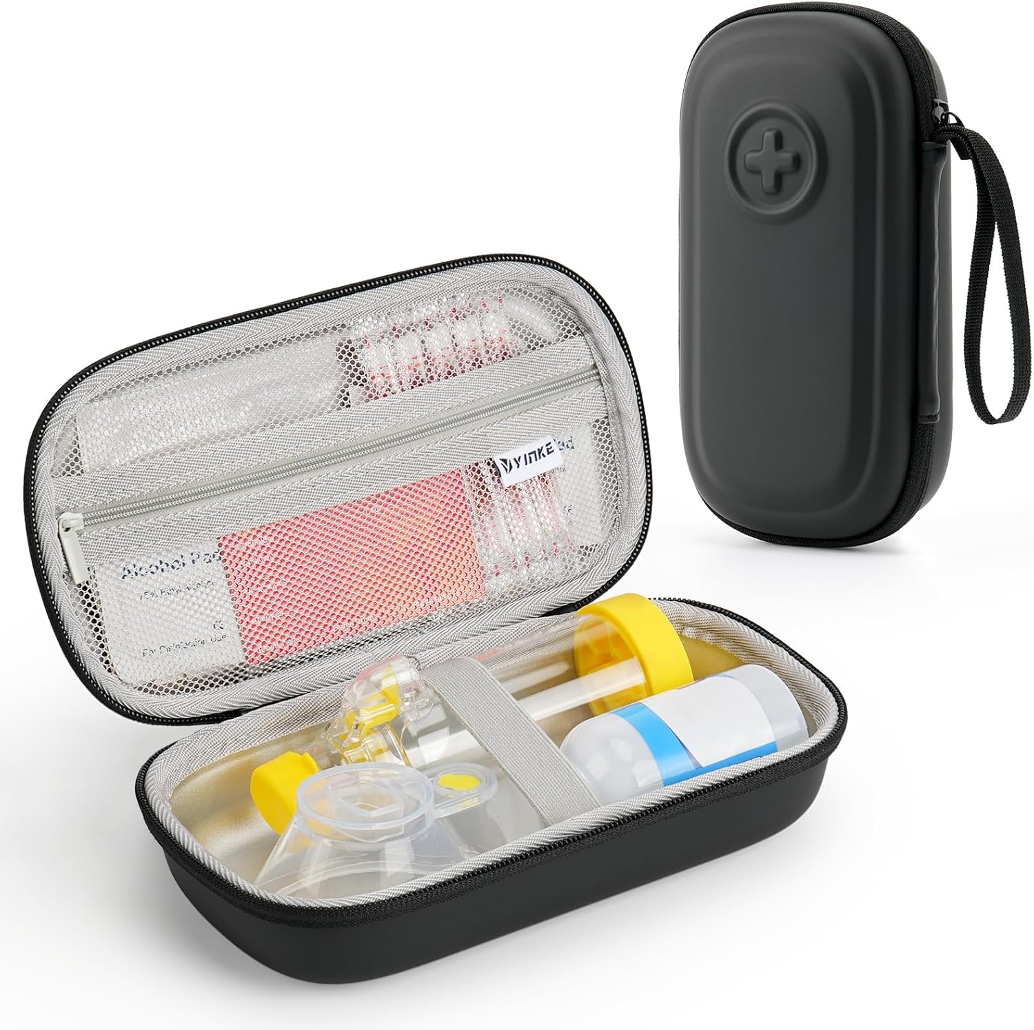 Asthma Inhaler Portable Case for Adults, Kids & Seniors - Multi-Zone Lining for Inhaler/Spacer/Emergency Meds, Waterproof PU & Travel-Ready with Mesh Pocket,Black (Only Case)