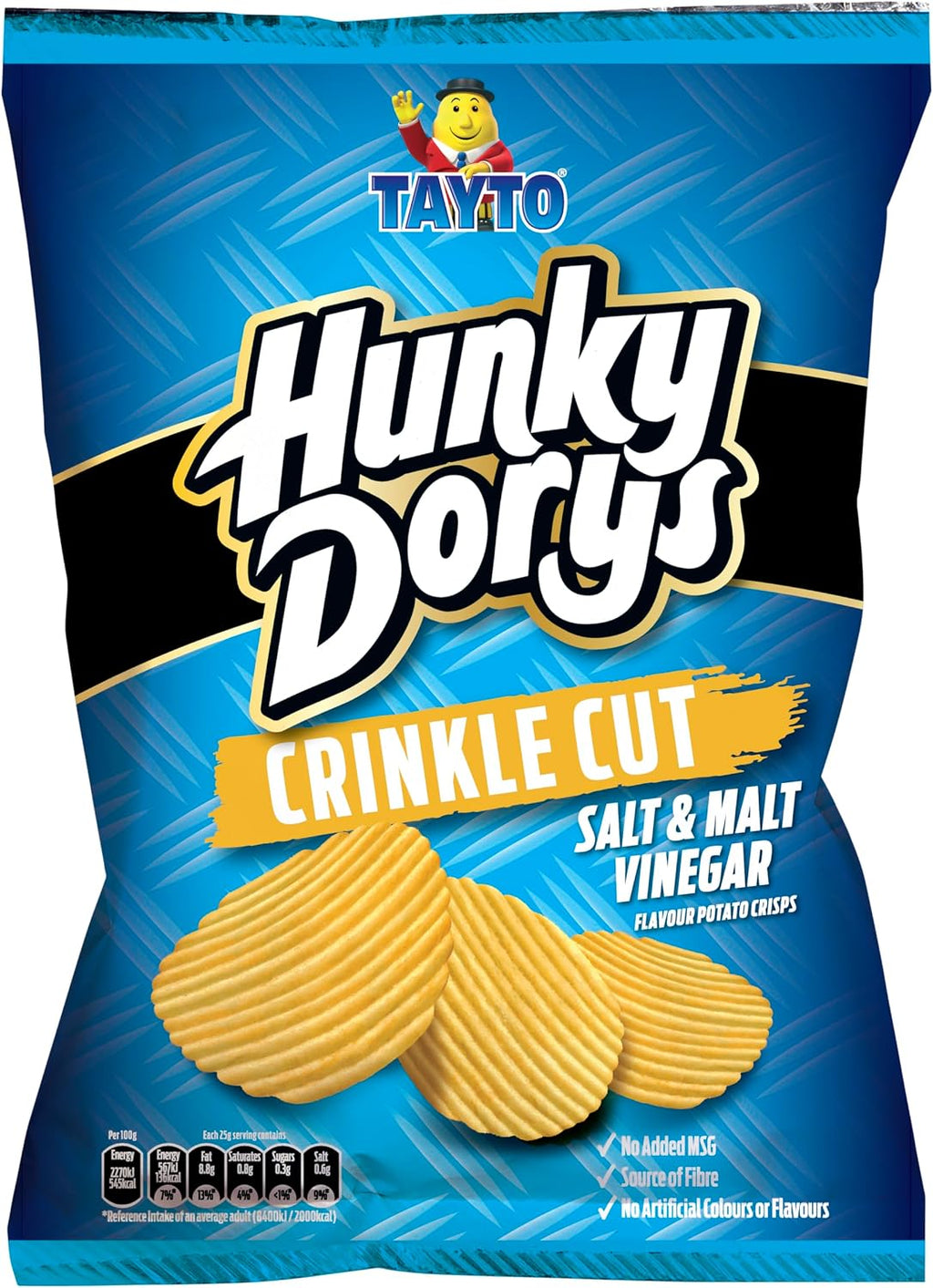 Tayto Hunky Dorys Crinkle Cut Salt & Malt Vinegar Crisps, 4.58oz, Pack of 3