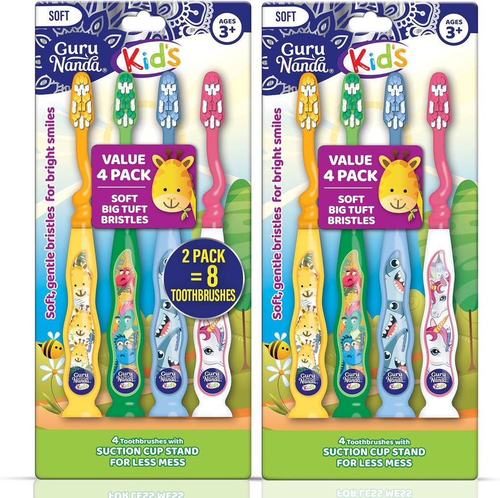 GuruNanda Kids Toothbrush with Suction Cup & Fun Animal Designs - Soft Bristles for Healthy Gums- Non-Slippery & Mess-Free Toothbrush, 3+ Age- 4 Count (Pack of 2)