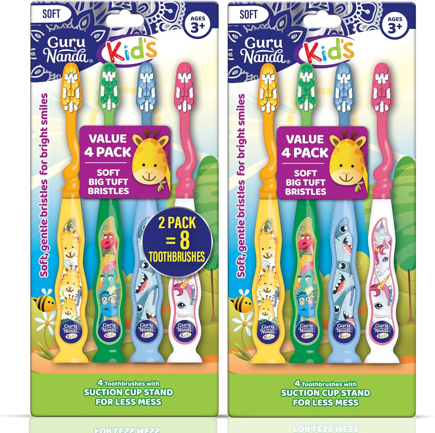 GuruNanda Kids Toothbrush with Suction Cup & Fun Animal Designs - Soft Bristles for Healthy Gums- Non-Slippery & Mess-Free Toothbrush, 3+ Age- 4 Count (Pack of 2)