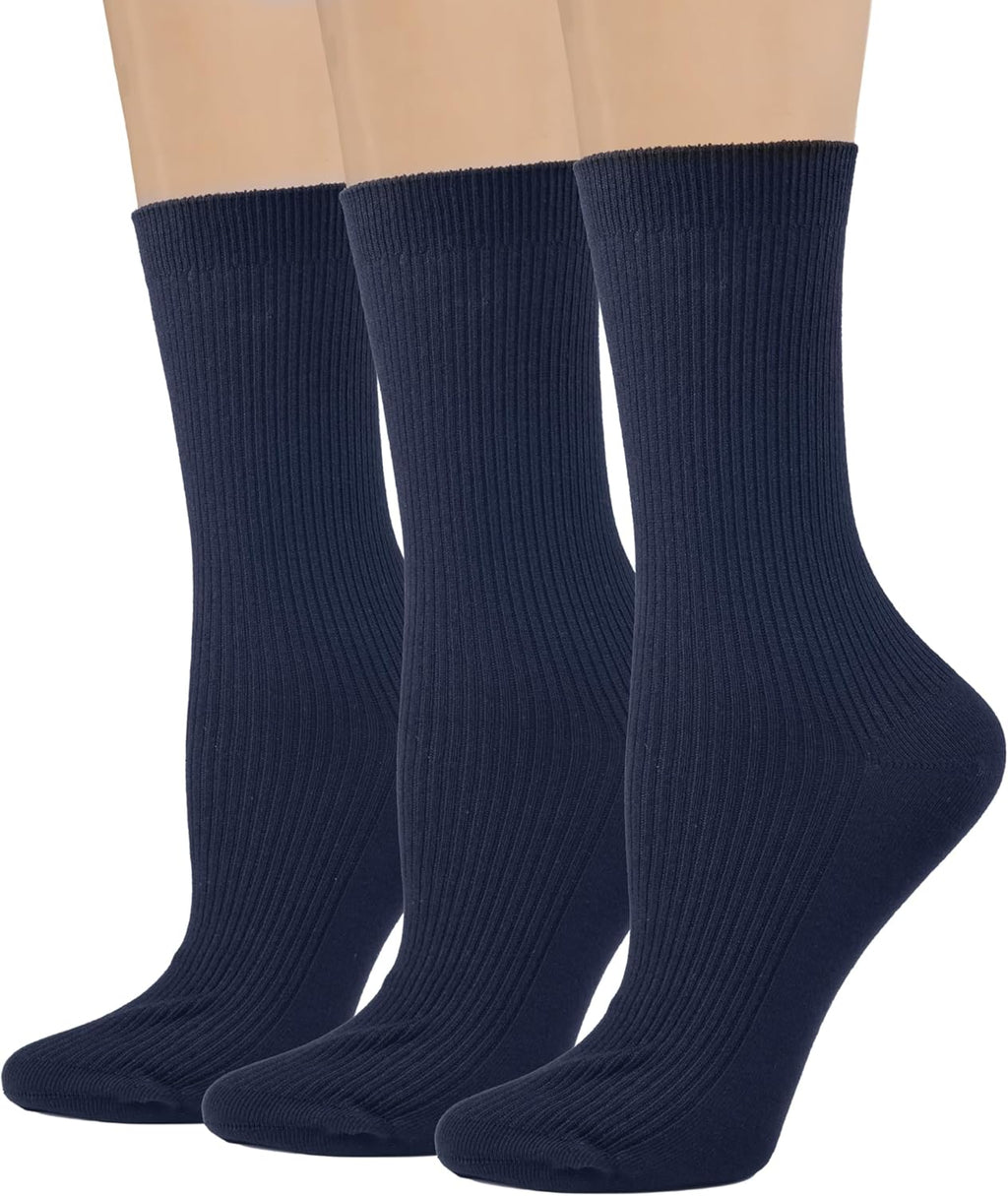 COTTON DAY Women's Combed Cotton Fine Ribbed Trouser Dress Socks Black White Navy Blue 3 Pack