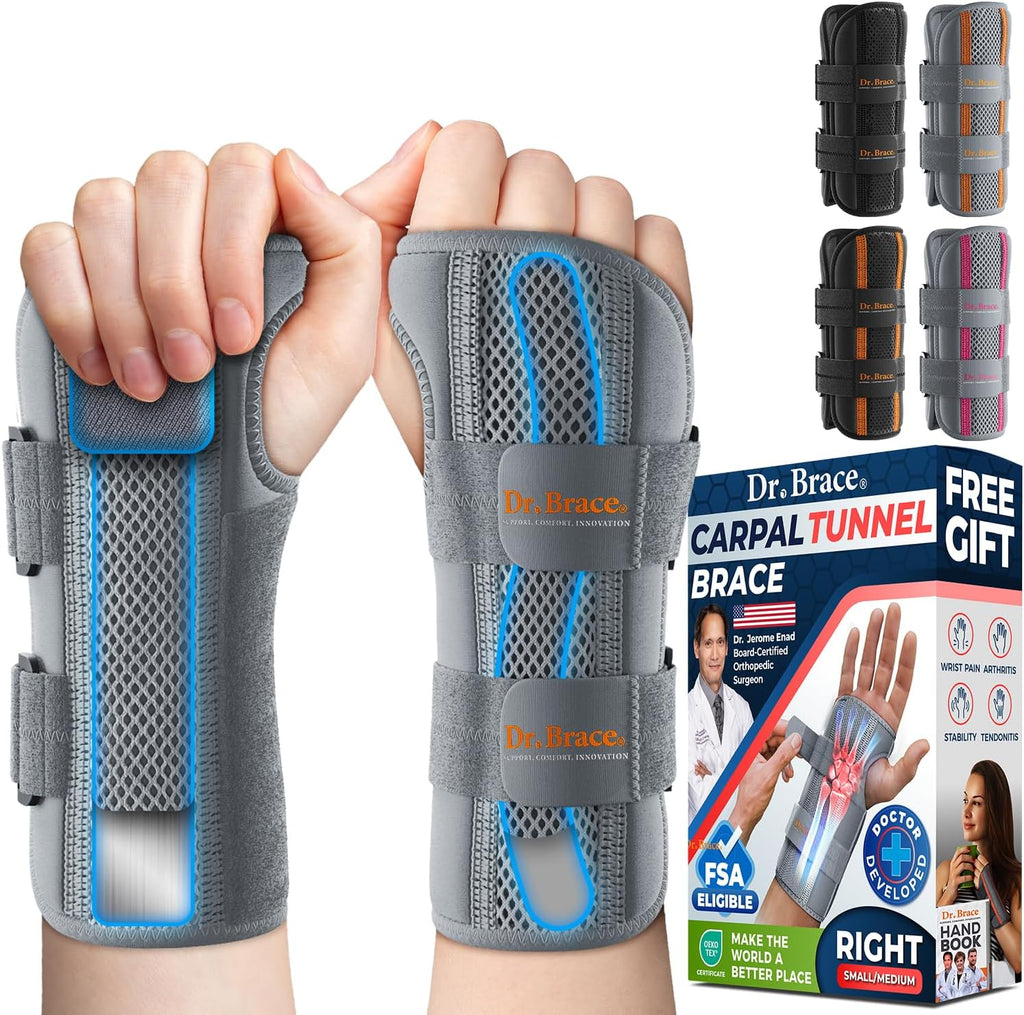 DR. BRACE Adjustable Wrist Brace Night Support for Carpal Tunnel, Doctor Developed, Upgraded with Double Splint & Therapeutic Cushion,Hand Brace for Pain Relief,Injuries,Sprains (S/M Right Hand, Grey)