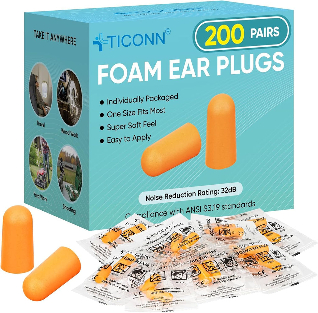TICONN 200 Pairs Foam Ear Plugs, Individually Wrapped 32dB NRR Noise Reduction Earplugs for Sleeping Hearing Protection Travel Study Concentration Construction Site (200 Pairs)