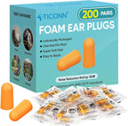 TICONN 200 Pairs Foam Ear Plugs, Individually Wrapped 32dB NRR Noise Reduction Earplugs for Sleeping Hearing Protection Travel Study Concentration Construction Site (200 Pairs)