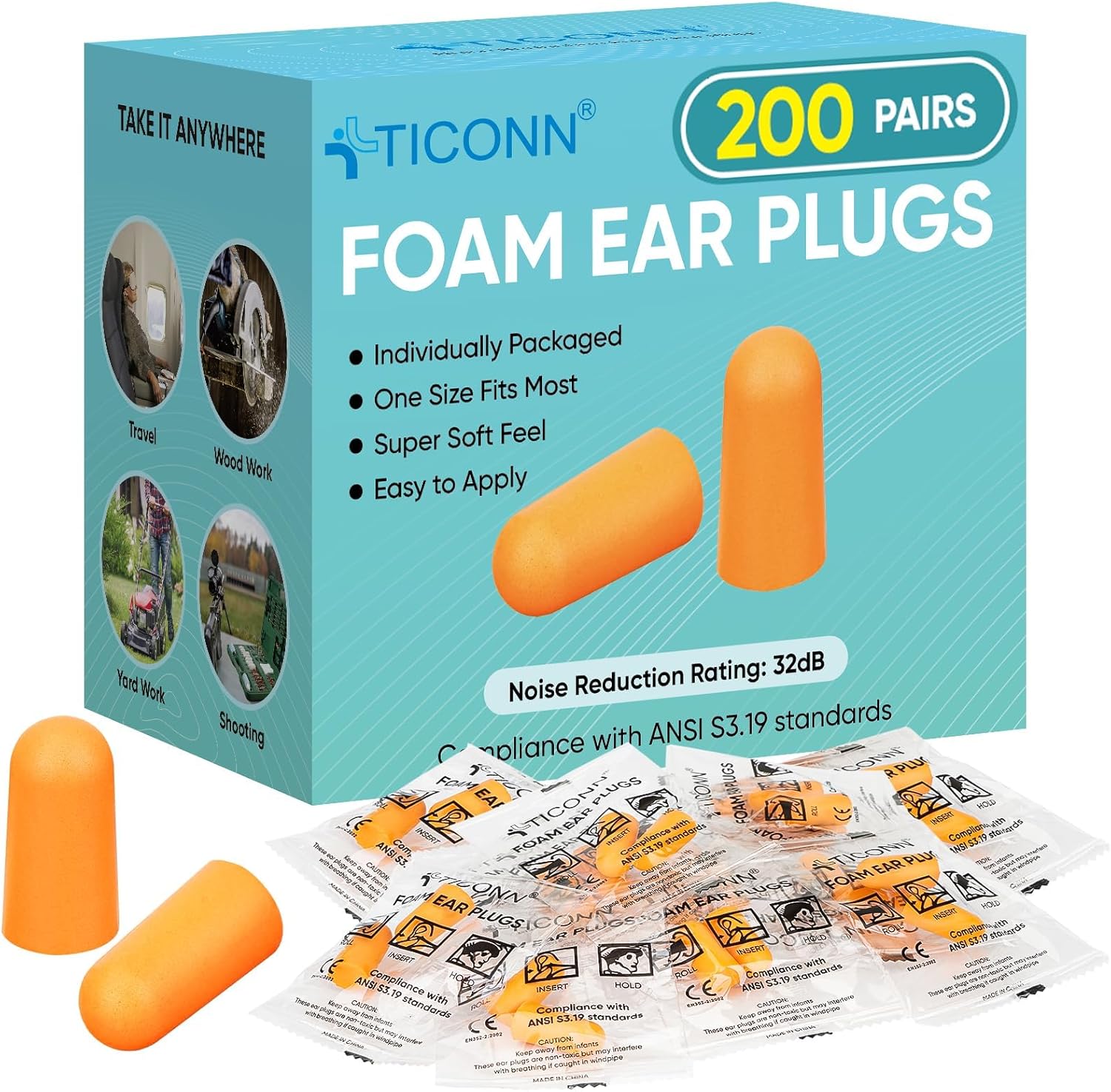TICONN 200 Pairs Foam Ear Plugs, Individually Wrapped 32dB NRR Noise Reduction Earplugs for Sleeping Hearing Protection Travel Study Concentration Construction Site (200 Pairs)