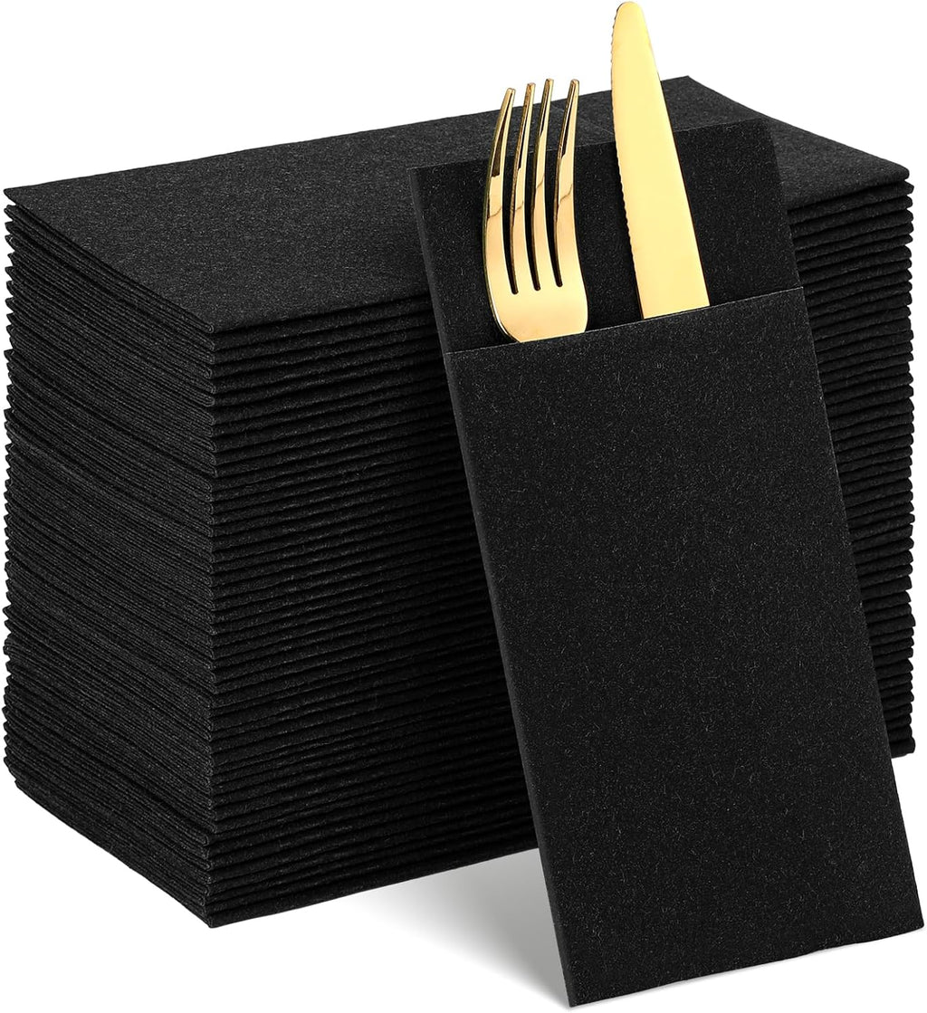 60 Pcs Black Linen-Feel Paper Napkins with Built-in Flatware Pocket, Graduation Pocket Linen Napkin Prefolded Cloth Like Paper Napkins Bulk for New Year Silverware Birthday Bathroom Weddings Party