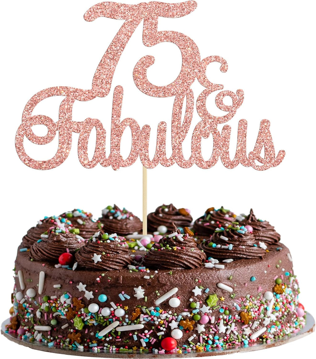 Gyufise 1Pcs 75 & Fabulous Cake Topper Rose Gold Glitter Seventy Five and Fabulous Cake Toppers Happy 75th Birthday Cake Pick for 75th Wedding Anniversary Birthday Party Cake Decorations Supplies