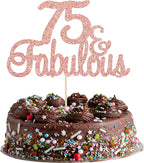 Gyufise 1Pcs 75 & Fabulous Cake Topper Rose Gold Glitter Seventy Five and Fabulous Cake Toppers Happy 75th Birthday Cake Pick for 75th Wedding Anniversary Birthday Party Cake Decorations Supplies