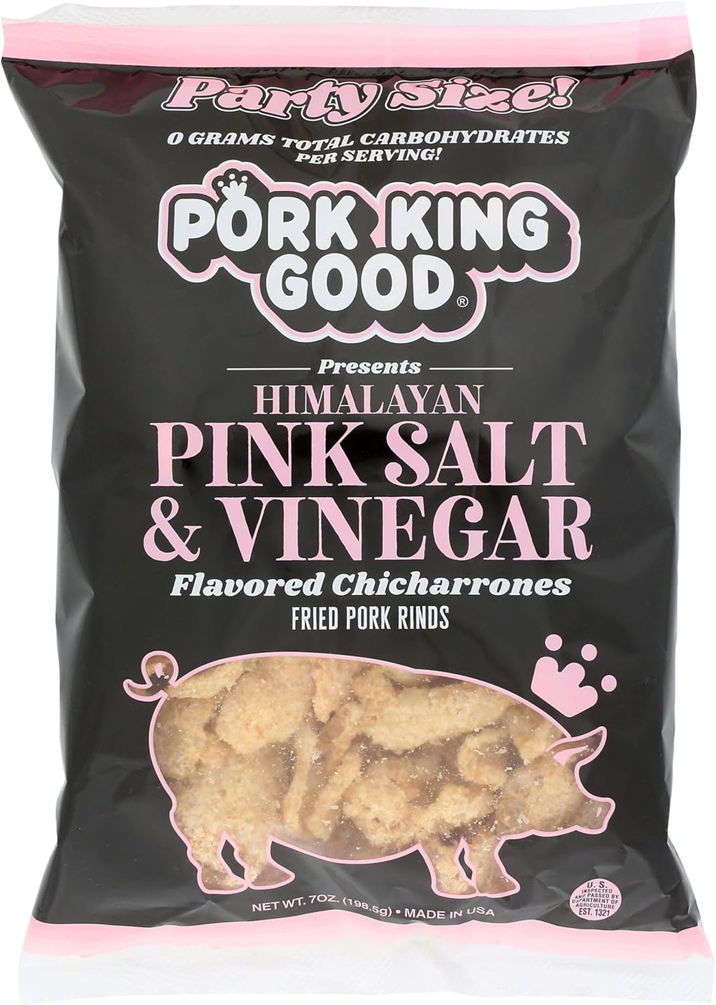 Pork King Good Himalayan Pink Salt & Vinegar Pork Rinds 7 OZ FAMILY SIZE (Chicharrones - Keto Snacks)