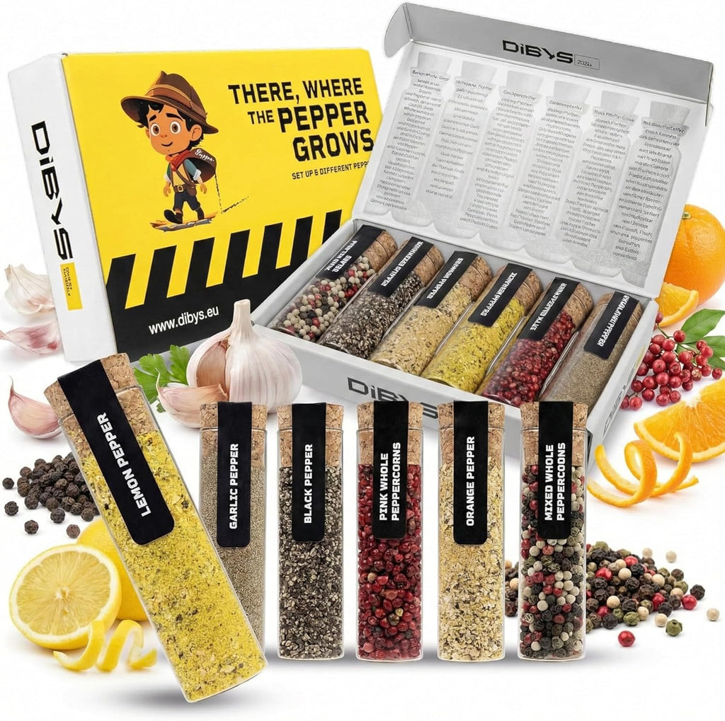 DIBYS Gourmet Pepper Seasoning Set - 6 Authentic Pepper Blends with Recipes - Mixed & Pink Whole Peppercorns, Garlic, Lemon, Orange and Black Pepper - Seasonings & Spices - Gift for Foodies & Cooks