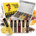 DIBYS Gourmet Pepper Seasoning Set - 6 Authentic Pepper Blends with Recipes - Mixed & Pink Whole Peppercorns, Garlic, Lemon, Orange and Black Pepper - Seasonings & Spices - Gift for Foodies & Cooks