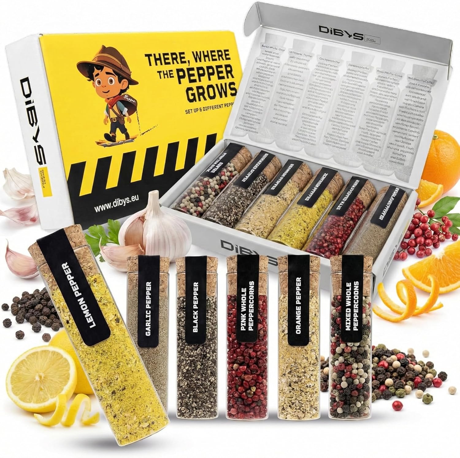 DIBYS Gourmet Pepper Seasoning Set - 6 Authentic Pepper Blends with Recipes - Mixed & Pink Whole Peppercorns, Garlic, Lemon, Orange and Black Pepper - Seasonings & Spices - Gift for Foodies & Cooks