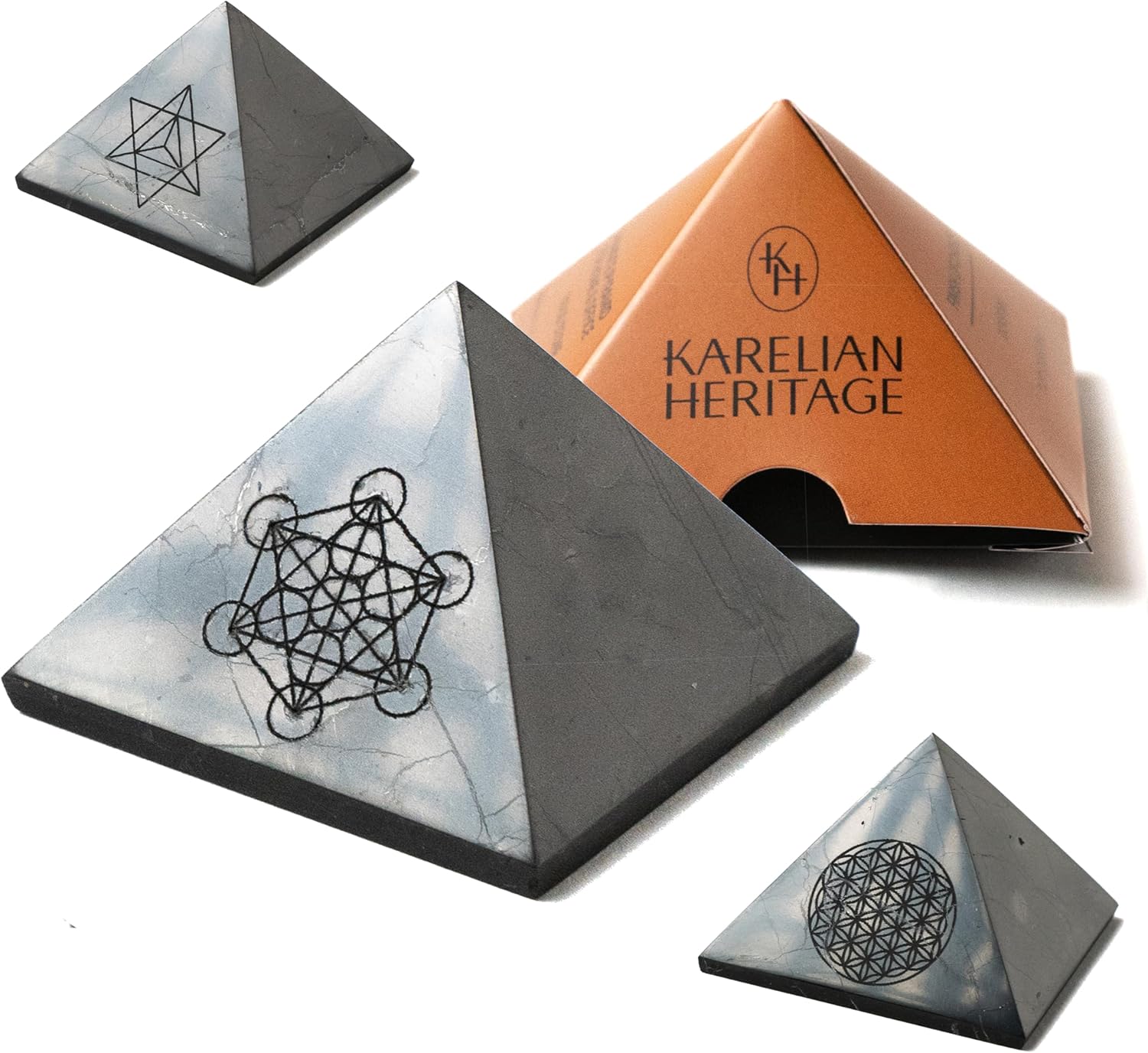 Shungite Protection Pyramid 2" with Metatron Engraved Sacred Symbol | Authentic Shungite Stones Protection Polished Pyramid 2 inches (5 cm) | Black Stone Crystal for Meditation PPG01