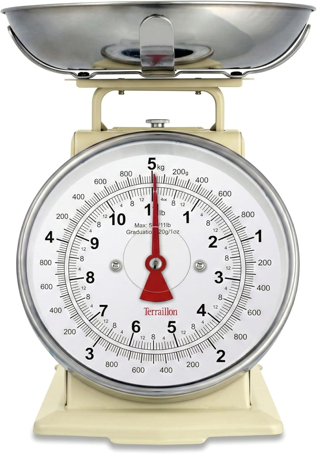 TERRAILLON Vintage Kitchen Scales – Manual Tare – Large Dial and Bowl 1 L, Load 5 kg – Model 'Tradition 500' Cream
