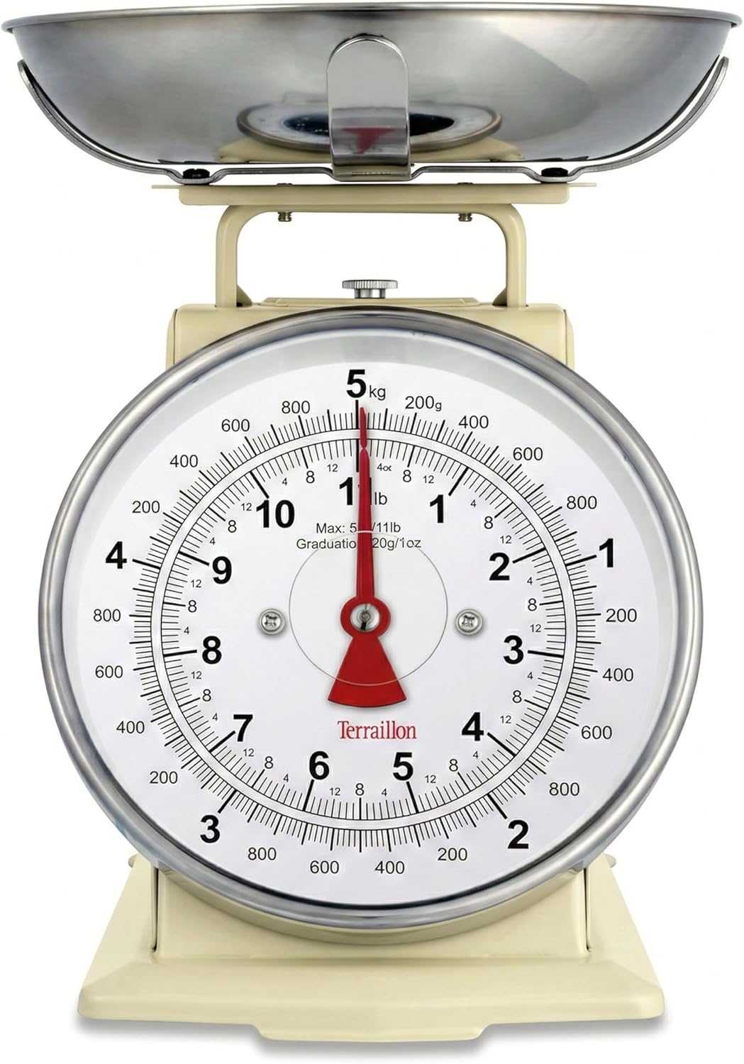 TERRAILLON Vintage Kitchen Scales – Manual Tare – Large Dial and Bowl 1 L, Load 5 kg – Model 'Tradition 500' Cream