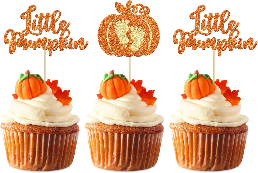 24pc Little Pumpkin Cupcake Toppers - Glitter Pumpkin Cupcake Picks - Baby Shower Decorations - Fall Harvest Theme - Kids Birthday Party Supplies