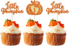 24pc Little Pumpkin Cupcake Toppers - Glitter Pumpkin Cupcake Picks - Baby Shower Decorations - Fall Harvest Theme - Kids Birthday Party Supplies