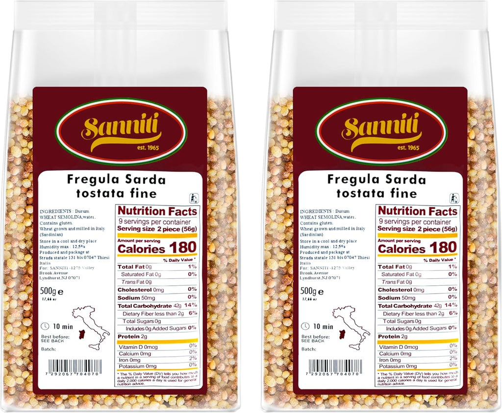 Sanniti Toasted Fregola Sarda FIne Semolina Pasta Fregula Tostata Fina, 17.6 oz (Pack of 2)