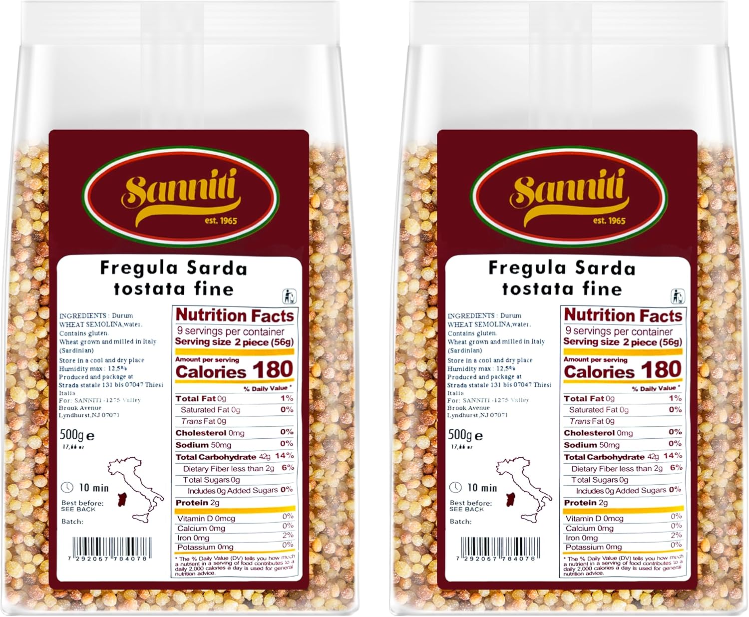 Sanniti Toasted Fregola Sarda FIne Semolina Pasta Fregula Tostata Fina, 17.6 oz (Pack of 2)