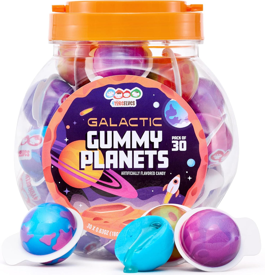 30 Planet Gummies, Novelty Space Candy with Jelly Filling, Individually Wrapped Blueberry Flavored Gummy Balls, By 4YoreElves (19 oz)