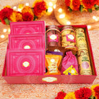 Ghasitaram Gifts Jaiccha Holi- Sweet/Holi Hampers/Thandai Big Pink Tray of Gujiyas, Nmakeen, Sweets/Bites, Thandai and Organic Gulal