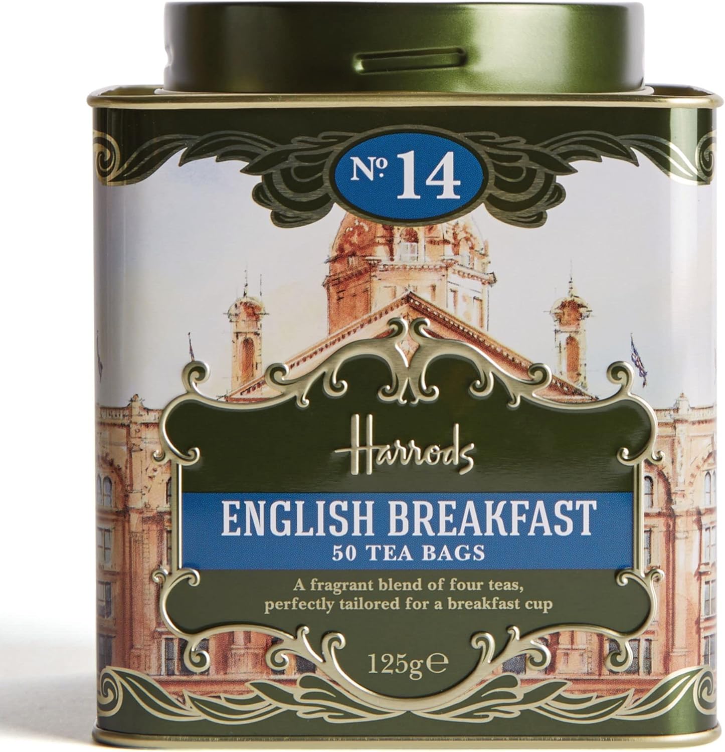 Harrods London. No. 14, English Breakfast 50 Tea Bags 125g 4.4oz GIFT TIN CADDY Seller Product Id HD2 USA Stock