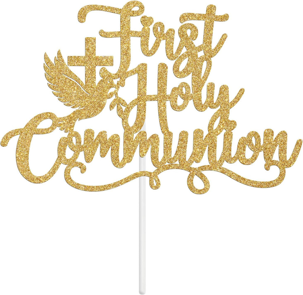 First Holy Communion Cake Topper, God Bless, Cross Dove Confirmation, Religious Baptism First Birthday Christening Baby Shower Party Decorations Supplies, Gold Glitter
