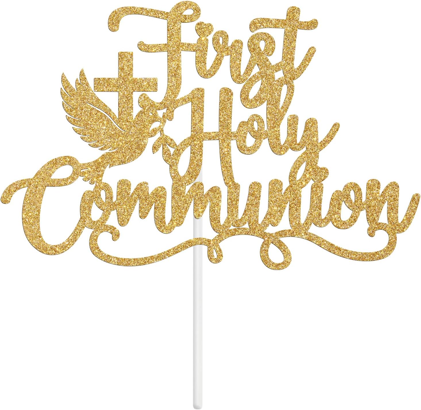 First Holy Communion Cake Topper, God Bless, Cross Dove Confirmation, Religious Baptism First Birthday Christening Baby Shower Party Decorations Supplies, Gold Glitter