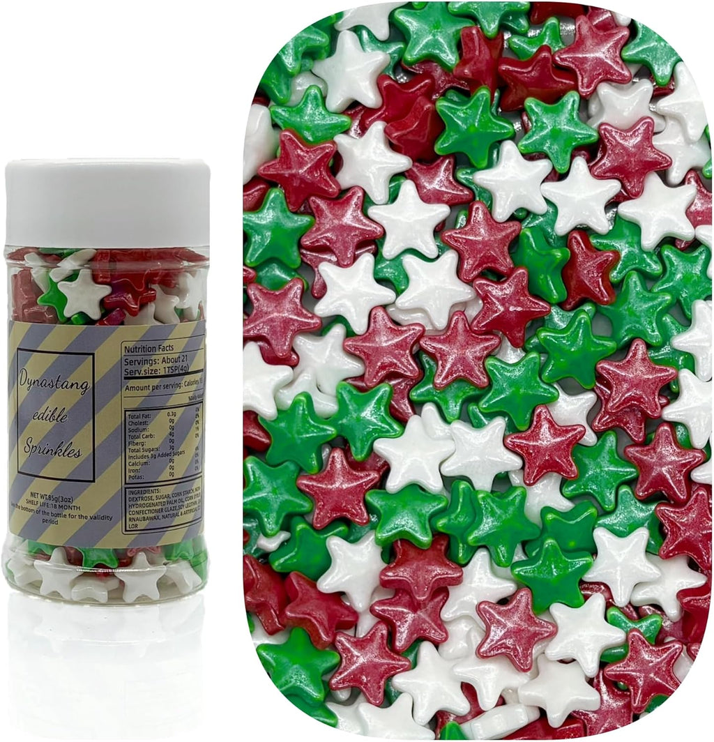 Dynastang 10mm Red & Green & White Stars Sprinkles Edible Stars Cake Decorating Stars Cake Decorations Cupcake Toppers Cookie Decorating Perfect for Cakes, Cupcakes, Desserts Toppings 3OZ