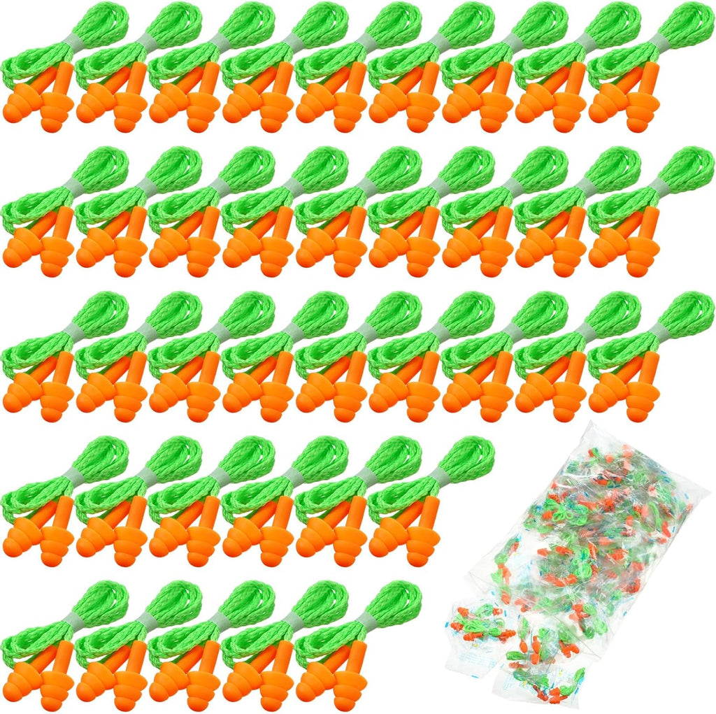 Tondiamo 200 Pairs Ear Plugs Reusable Silicone Earplugs with Cord Sleeping Individually Wrapped Hearing Protection Noise Cancelling Earplugs for Work Construction Shooting Sports(Orange, Green)