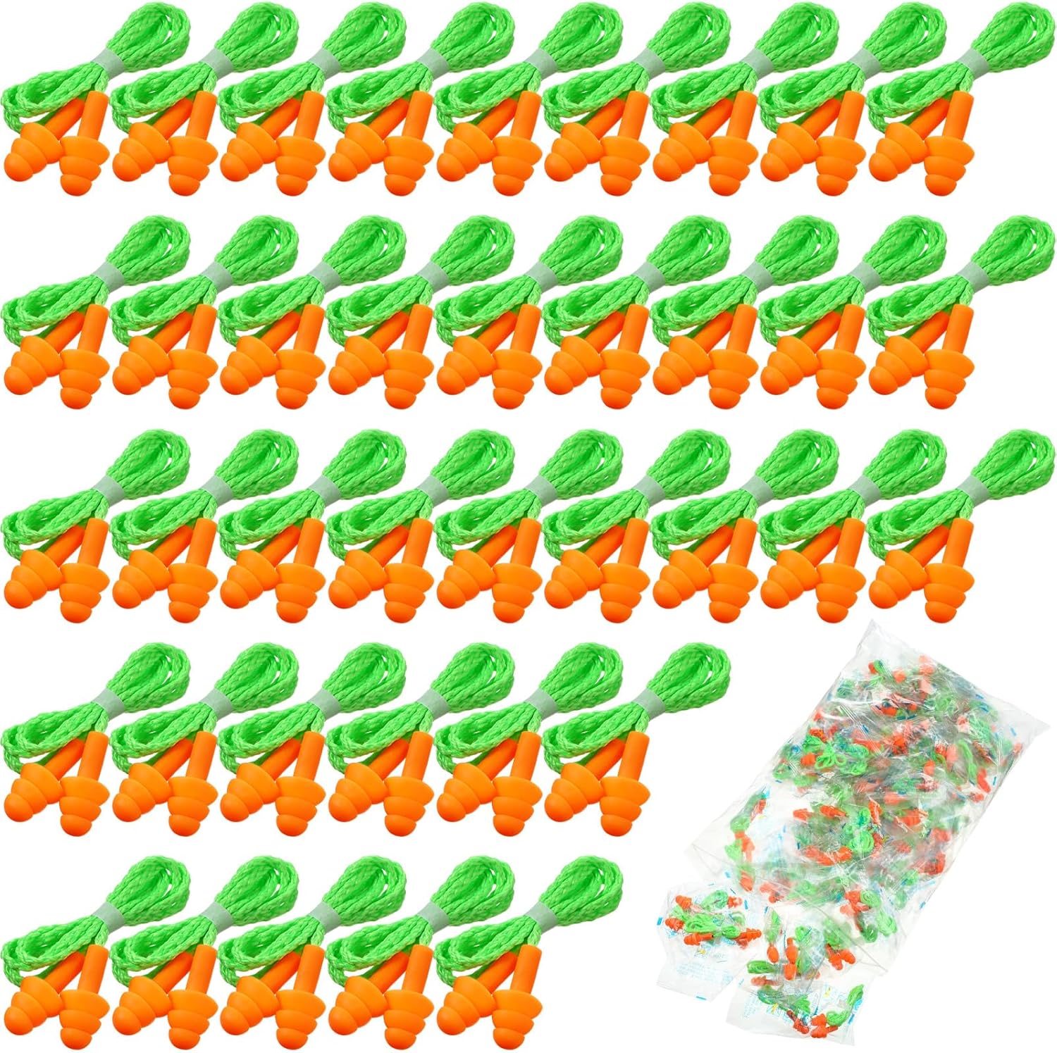 Tondiamo 200 Pairs Ear Plugs Reusable Silicone Earplugs with Cord Sleeping Individually Wrapped Hearing Protection Noise Cancelling Earplugs for Work Construction Shooting Sports(Orange, Green)