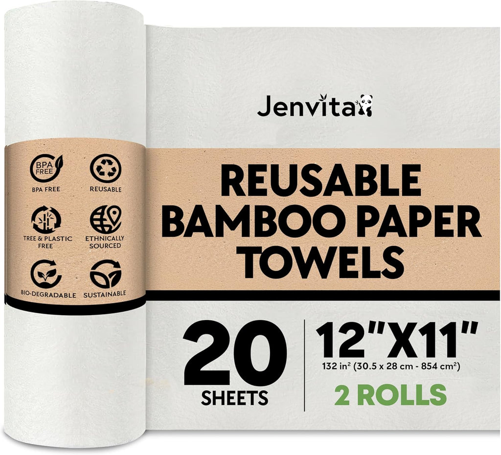 Reusable Bamboo Paper Towels |Heavy Duty, Absorbent & Durable | Reusable Washable Paper Towels | FSC Certified | 100% Rayon Derived From Bamboo | Kitchen Towels | 20 Sheets, 12"x11" | 2 Rolls
