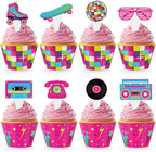 48 Pack Retro Cupcake Toppers and Wrappers, Retro Neon Party Cake Decoration for 80s 90s Theme Birthday Party Baby Shower Supplies
