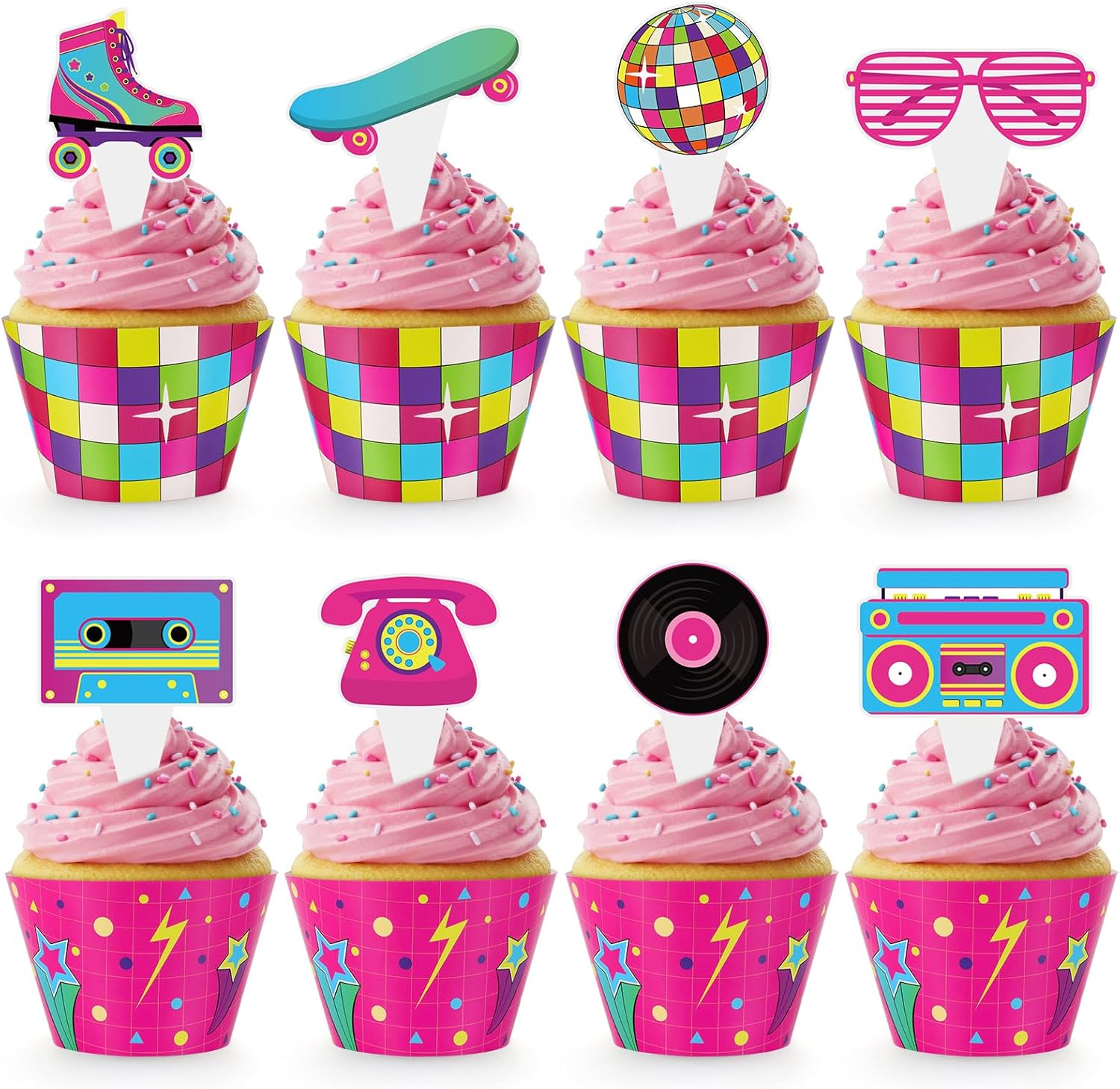 48 Pack Retro Cupcake Toppers and Wrappers, Retro Neon Party Cake Decoration for 80s 90s Theme Birthday Party Baby Shower Supplies