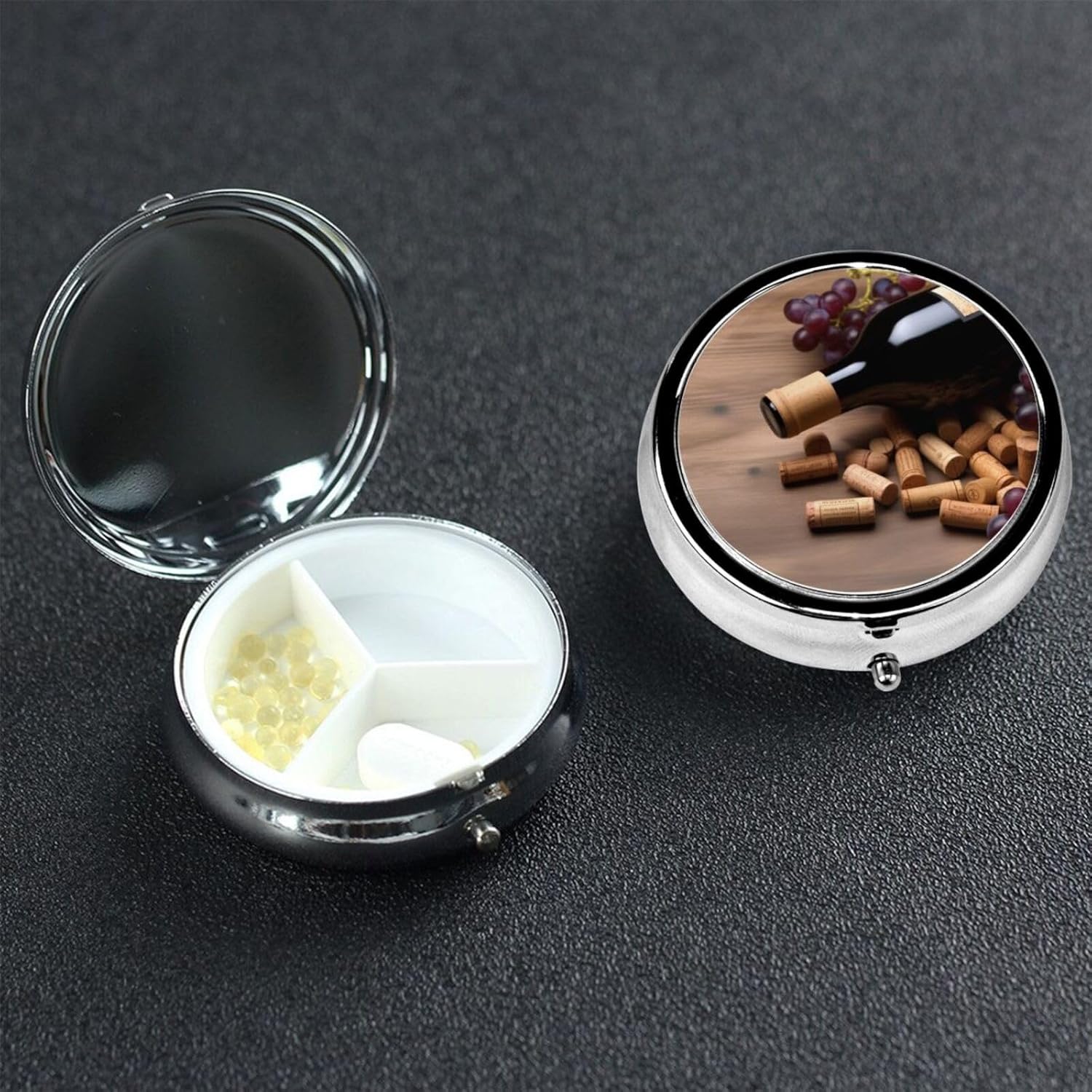 Small Pill Box 3 Compartment Wine Bottle Corks Grapes Pill Box for Pocket or Purse Decorative Metal Pill Organizer Portable Travel Pillbox Round Medicine Vitamin Holder Unique Gift