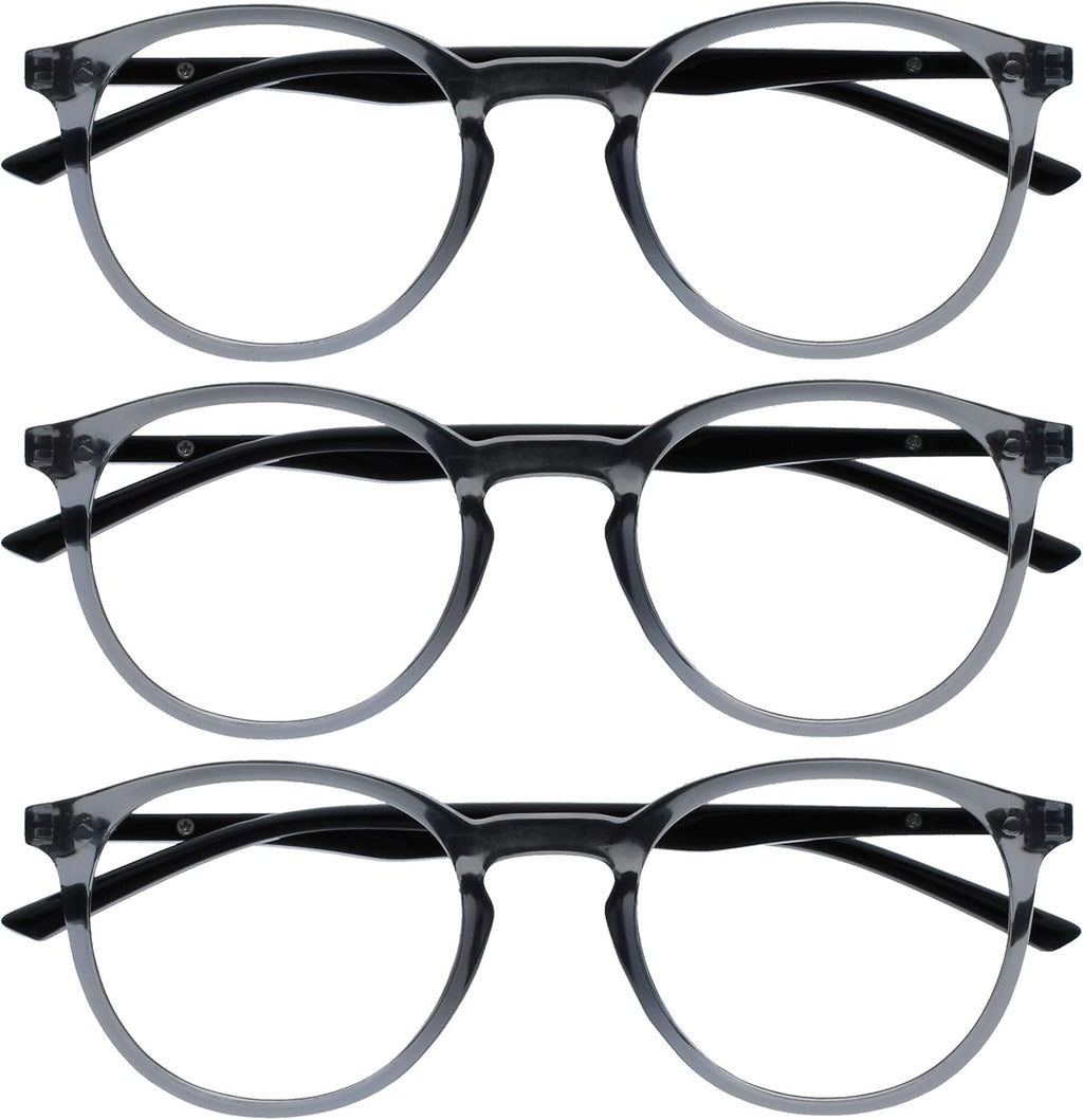 OPULIZE MET Blue Light Blocking Reading Glasses for Women Men, Slim Round Frame with Scratch Resistant and Spring Hinges, Computer Glasses with Anti-Reflective, Grey +2 (Pack of 3)