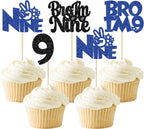 Ephlyn 24Pcs Bro I'm 9 Cupcake Toppers Glitter Boy 9th Birthday Cupcake Pick Decorations for Cheers to Nine Years Old Big Brother 9th Birthday Party Supplies