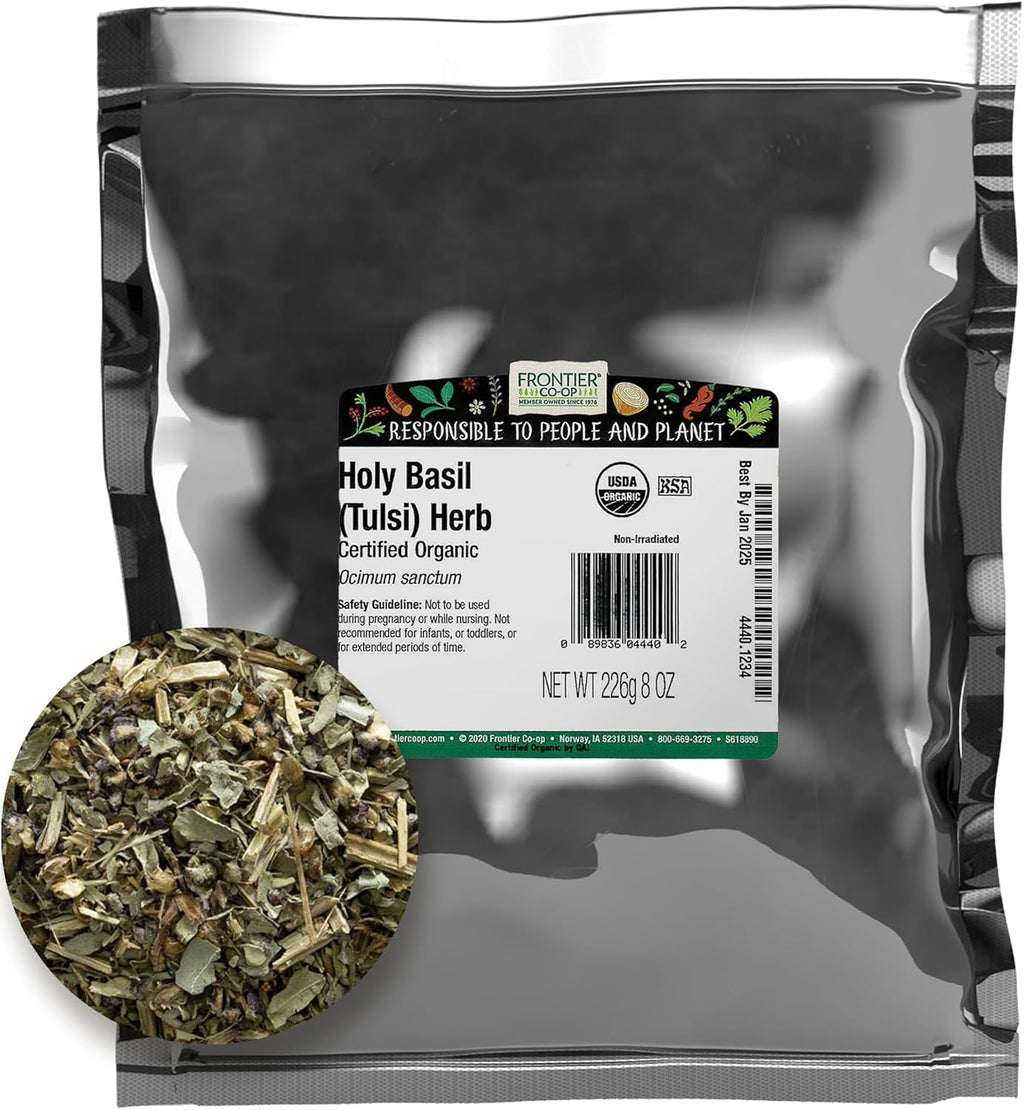 Frontier Co-op Organic Tulsi Holy Basil Herb, 8oz Bulk Bag - Highly Aromatic with Minty Flavor - Perfect for Cooking, Tulsi Tea and Herbal Uses, Kosher