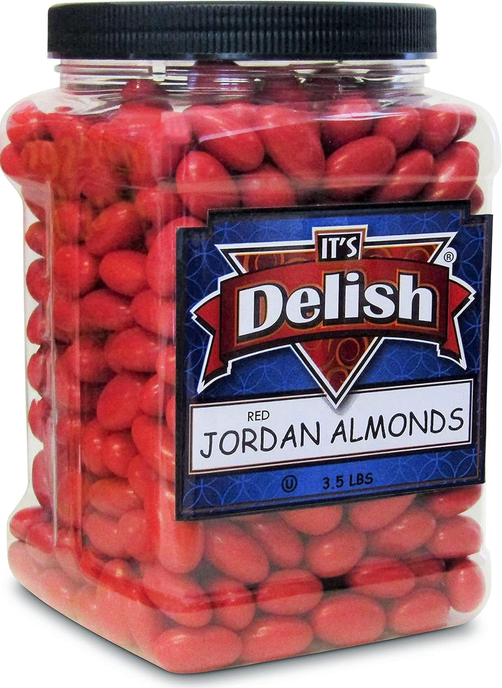 Red Jordan Almonds by Its Delish, 3.5 lbs Jumbo Container | Sugared Almond Nut with Sweet Hard Candy Coating - Bulk Wedding Favors and Party Buffets - Vegan & Kosher