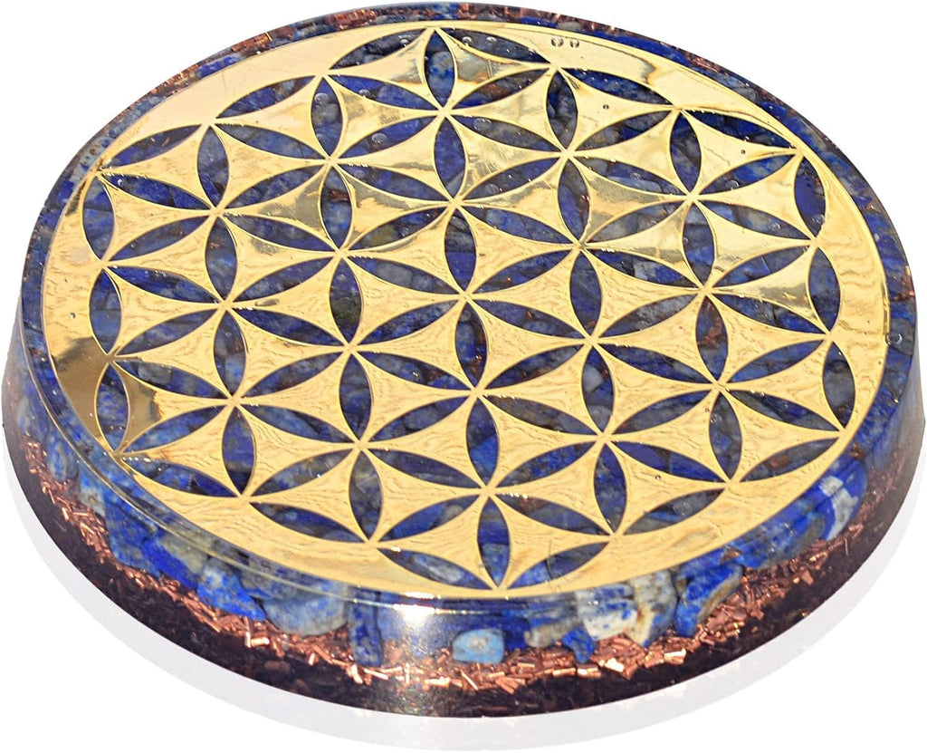 Orgonite Crystal Water Charging Plate with Lapis Lazuli Healing Crystals and Flower of Life –Chakra Healing Orgone Water Plate for Spiritual Protection and Cleansing (90mm)