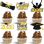 48 Pieces 2026 Graduation Cupcake Toppers and Wrappers, Adjustable Grad Cap Diploma Cake Decorations for Class of 2025 Graduation Party Supplies (Black Gold)