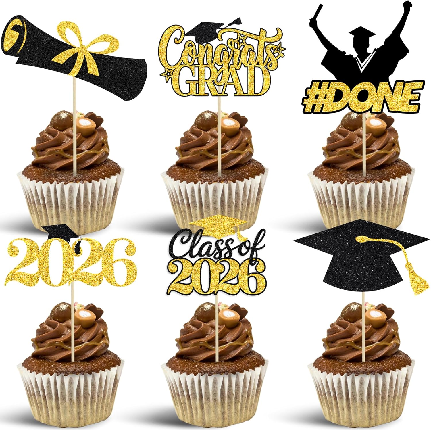 48 Pieces 2026 Graduation Cupcake Toppers and Wrappers, Adjustable Grad Cap Diploma Cake Decorations for Class of 2025 Graduation Party Supplies (Black Gold)