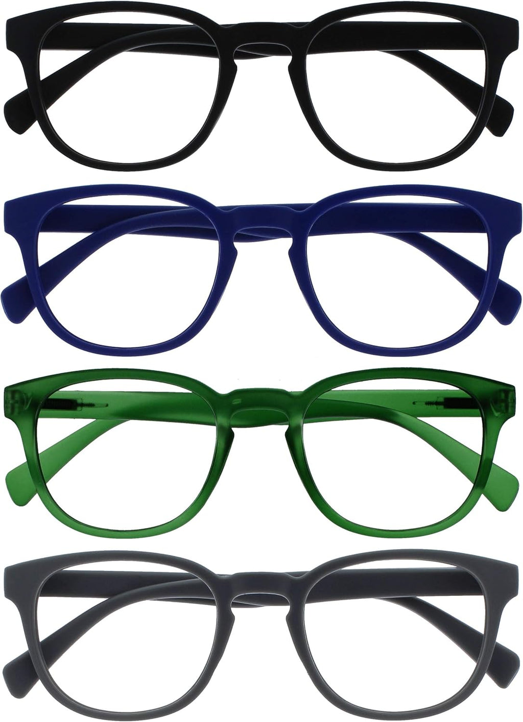 OPULIZE POP Reading Glasses for Women Men,Scratch Resistant Round Matt Frame with Spring Hinges, Black, Blue, Green, Grey +3.00 (Pack of 4)
