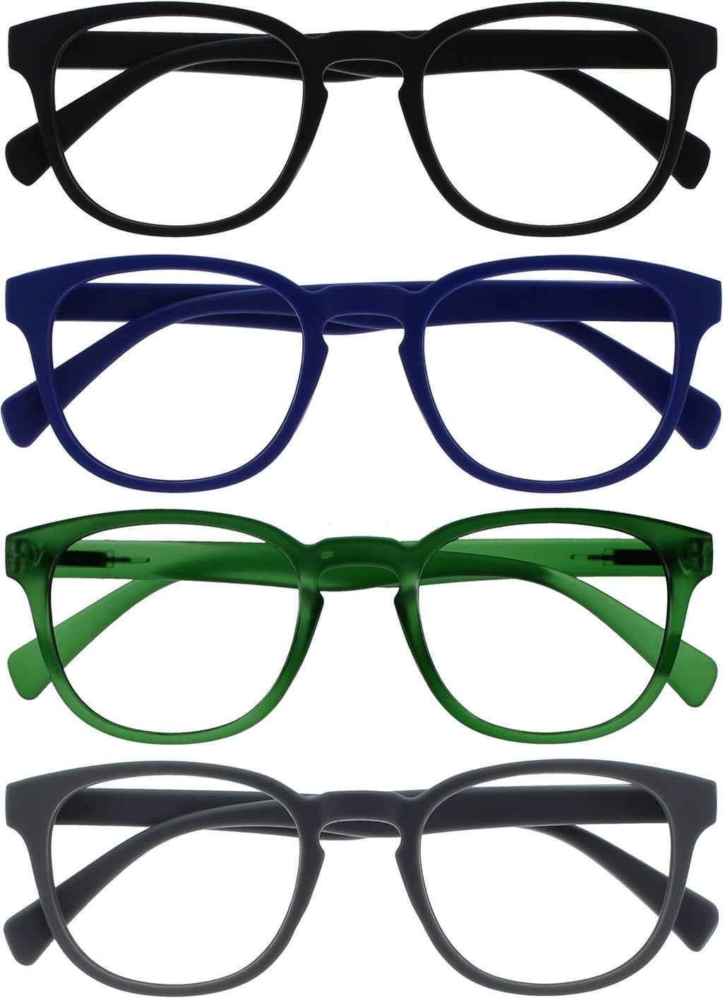 OPULIZE POP Reading Glasses for Women Men,Scratch Resistant Round Matt Frame with Spring Hinges, Black, Blue, Green, Grey +2.50 (Pack of 4)