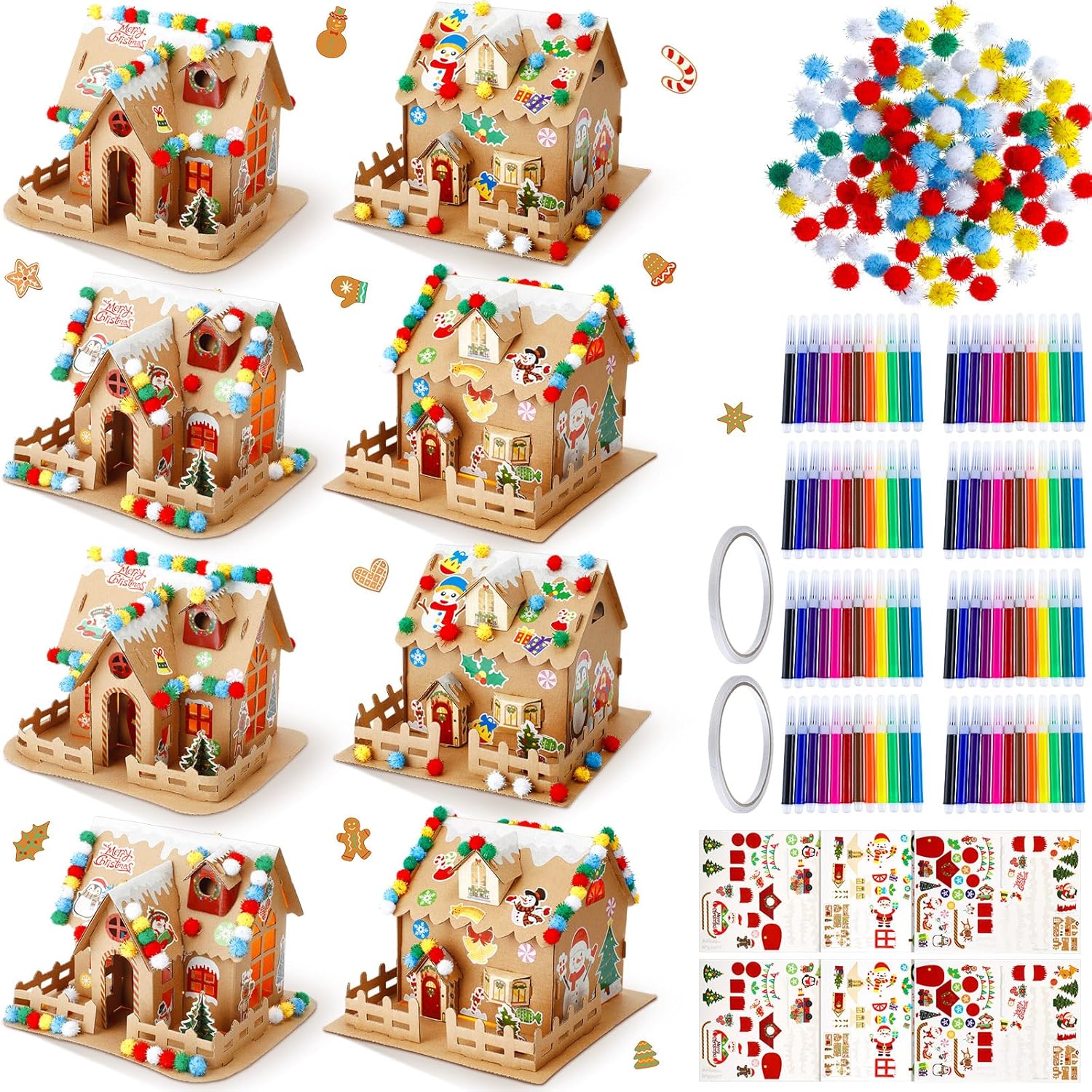 Poen 8 Set Christmas Gingerbread House Kit Bulk Prebuilt Mini Gingerbread House Kit Fun DIY Cardboard Christmas Craft Supplies for Holiday Party Decoration(Stylish Style)