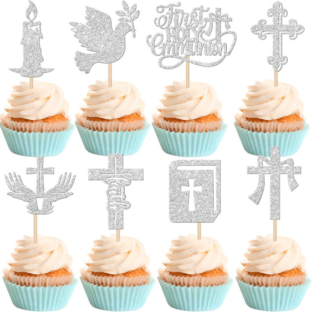 Rsstarxi 24 Pack First Holy Communion Cupcake Toppers Christian Baptism Baby Shower Cake Decorations Dove God Bless Cross Cupcake Picks for First Communion Party Decorations Silver