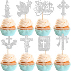 Rsstarxi 24 Pack First Holy Communion Cupcake Toppers Christian Baptism Baby Shower Cake Decorations Dove God Bless Cross Cupcake Picks for First Communion Party Decorations Silver