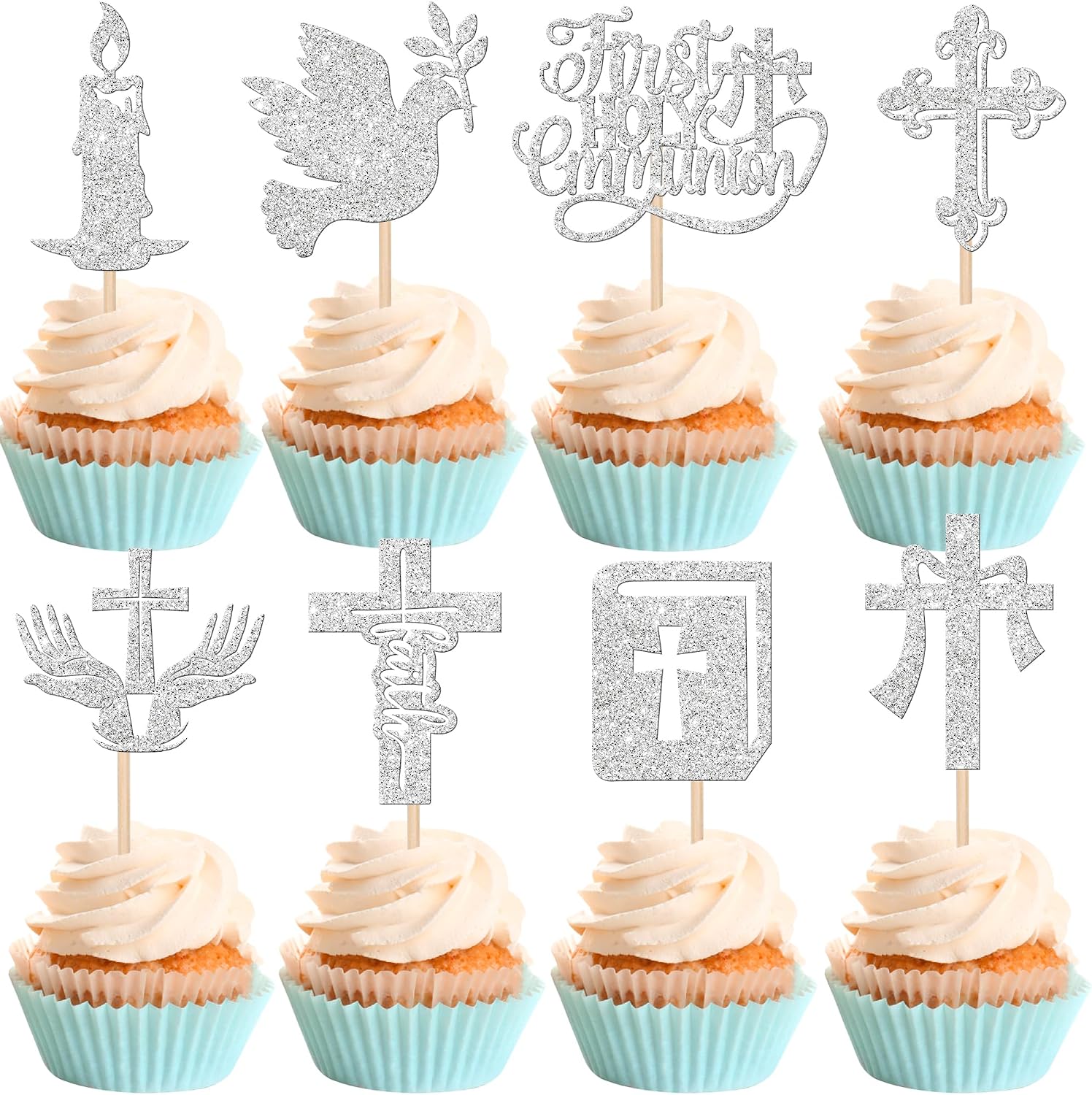 Rsstarxi 24 Pack First Holy Communion Cupcake Toppers Christian Baptism Baby Shower Cake Decorations Dove God Bless Cross Cupcake Picks for First Communion Party Decorations Silver