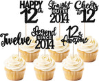 24PCS Black 12th Birthday Cupcake Toppers Twelve Happy 12 Official Teenager Straight Outta 2014 Cupcake Picks Cheers to 12 Lengend Since 2014 Cake Decorations for 12th Birthday Party Supplies