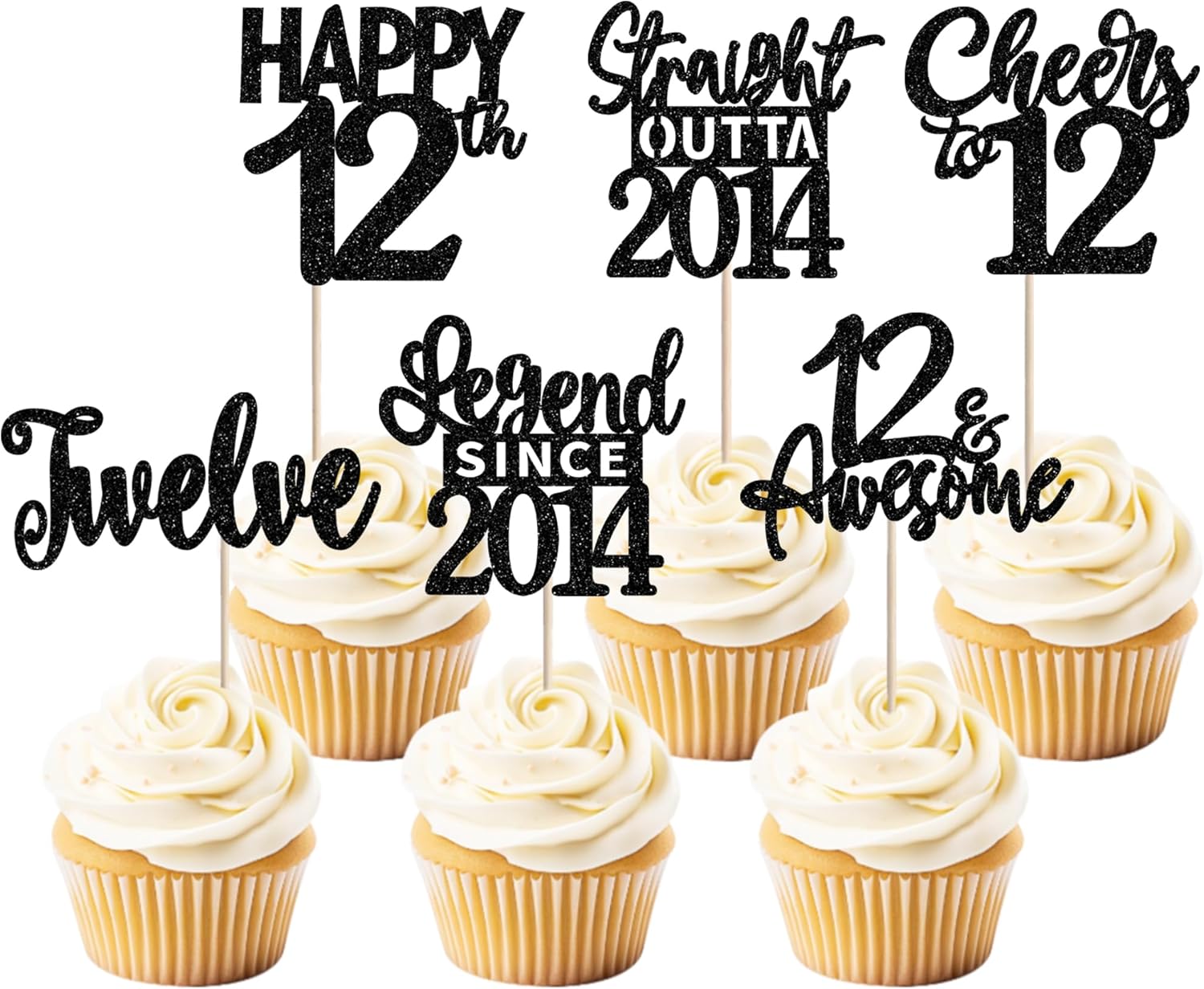 24PCS Black 12th Birthday Cupcake Toppers Twelve Happy 12 Official Teenager Straight Outta 2014 Cupcake Picks Cheers to 12 Lengend Since 2014 Cake Decorations for 12th Birthday Party Supplies